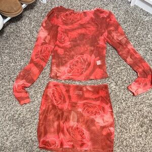 Rose Print Mesh Skirt Set